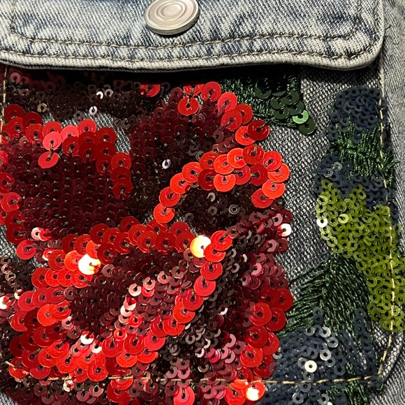 VEVERET gorgeous jean jacket sheer sequin back distressed detail size S M L - Picture 9 of 9